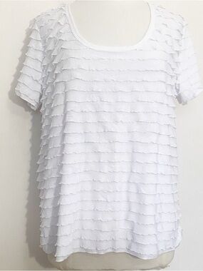 Slinky Brand Lightweight White Ruffle Tiered Short-Sleeve Knit Top 1X